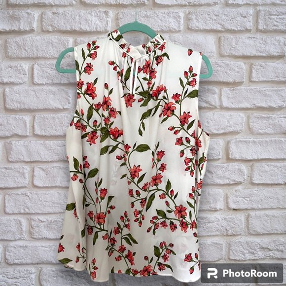 Ann Taylor Petite High-Collar Neck Sleeveless Blouse Pink Floral Print Sz XLP - Picture 2 of 4